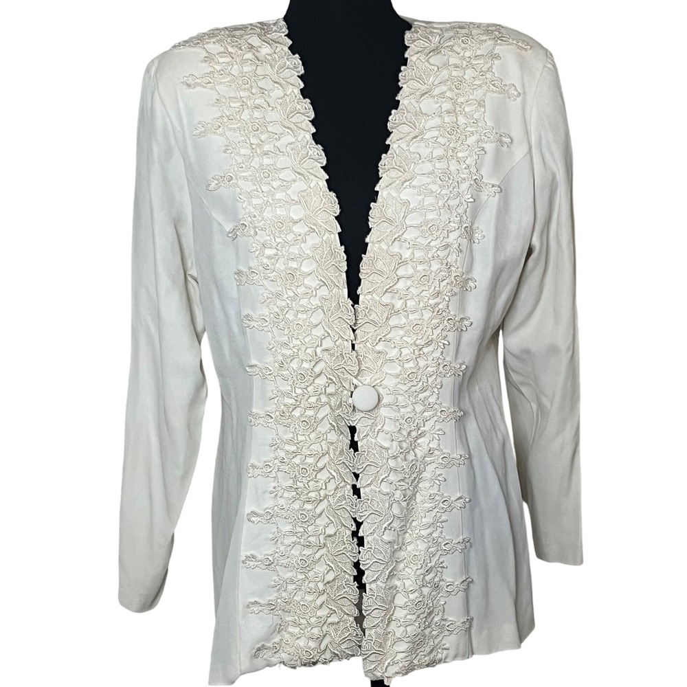 Vintage Romantic Cream Lace Embellished‎ Lightweight One button Blazer Romantic